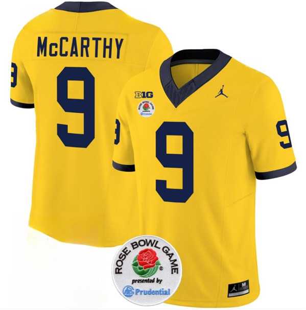 Men's Michigan Wolverines #9 J.J. McCarthy 2023 F.U.S.E. Yellow Rose Bowl Patch Stitched Jersey Dzhi